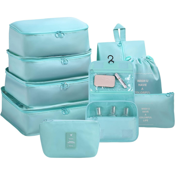 Органайзер для валізи OSDUE, набір 9 шт., Packing Cubes, водонепроникні сумки для одягу, сумки для пакування, кубики для пакування з косметичкою та USB-сумкою (Бежевий) (B-світлоблакитний 9шт)