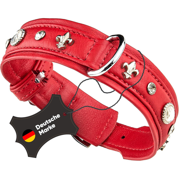 Julieta Leine, Leather Dog Leash, Leather Lead Dog, MATCHES Julieta Collar, Red, Leather, with Lilies, Rhinestones, and a Large Crystal (Neck circumference 52-58cm)
