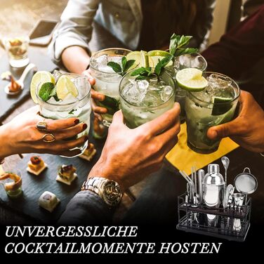 Набір для коктейлів Boston Cocktail Shaker Set 20 предметів з підставкою, 825 мл, нержавіюча сталь, для дому, професійний, з аксесуарами та рецептами, ідеальний подарунковий набір (сріблястий)