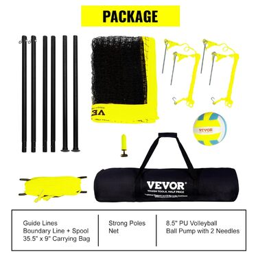 VEVOR Adjustable Height Volleyball Net Set - Portable Beach Volleyball Net for Outdoor Play - Includes Volleyball & Carry Bag - Perfect for Garden, Beach, Lawn