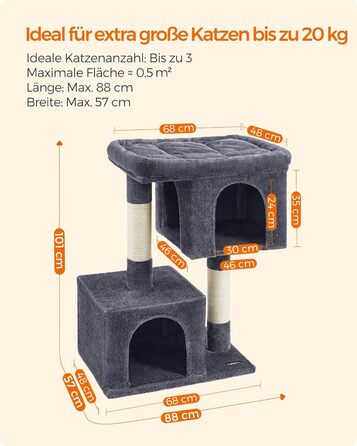 Feandrea Cat Tree, 84 cm Cat Tree, L, Cat House for Large Cats up to 7 kg, Large Platform, 2 Cat Caves, Sisal Posts, PCT61W (XL (68 x 48 x 101 cm), Smoke Gray)