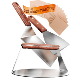 Набір для приготування Smash Burger XXL [9 предметів] з нержавіючої сталі з ручками з акації для Plancha, гриля, газового гриля та вогняної чаші | 1x прес для бургерів, 2x молоток для бургерів, 1x шпатель для гриля, 1x лопатка для гриля та інші (Набір для пресування бургерів // 4-частини)