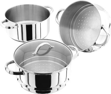 Пароварка з нержавіючої сталі Judge Essentials, 3 рівня, 22 см, з кришкою із скла та отвором для випаровування, універсальна каструля для індукційних плит і духовки, розмір 24.4x28.1x30.4 см