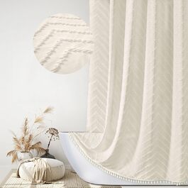 Шторка для душу Siiluminisoy Boho Extra Long, тканинна, 213.4 см, кремового кольору, 183.4 x 213.4 см, туфтована, Chevron, смугаста, сучасний дизайн, стильна, структурована, мінімалістична, 1 шт.