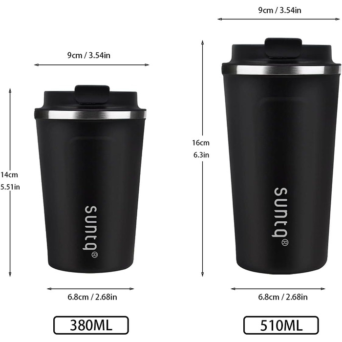 Термокружка для кави з нержавіючої сталі SUNTQ - 510 мл, з подвійними стінками, ізольована, з кришкою, що не протікає, багаторазова (Чорний)