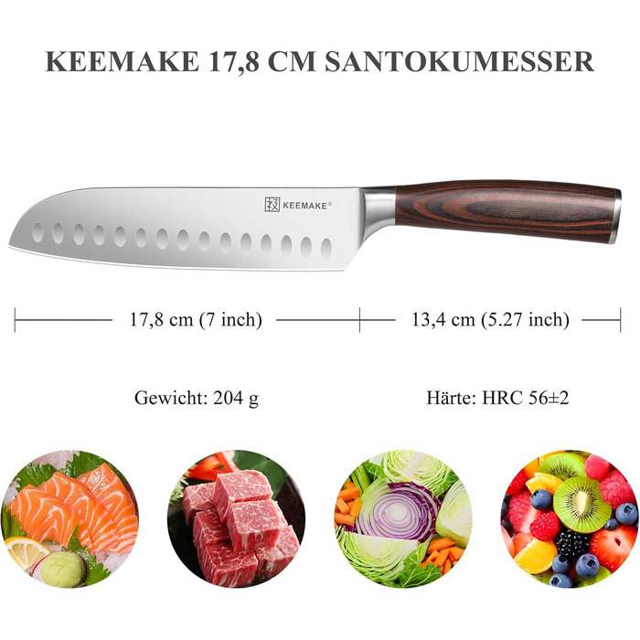 KEEMAKE Набір професійних кухонних ножів, сталь вуглецева, ергономічна ручка, 18 см (Сантоку)