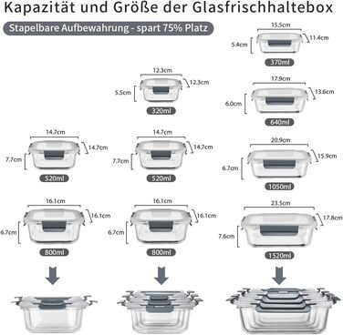 Набір контейнерів для зберігання продуктів Glas, 18 шт. (9 контейнерів, 9 кришок) - безпечні для миття в посудомийній машині, мікрохвильовій печі та морозильній камері, без BPA, сірий
