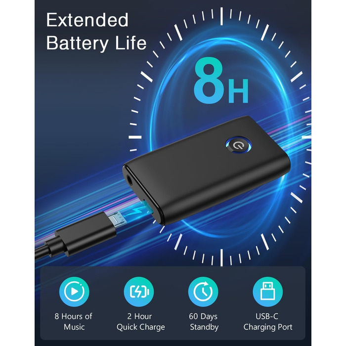 ORIA Bluetooth 5.3 Аудіоадаптер 2-в-1 з AUX, для навушників, колонок, ноутбуків, чорний