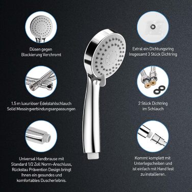 Насадка для душу ручна, 3 режими, високий тиск, діаметр 120 мм, шланг 1.5 м, економна, з тефлоновою стрічкою, хром