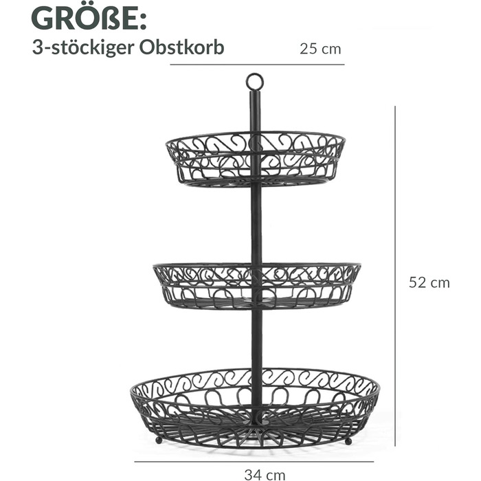 Підставка для фруктів Chefarone: 3 яруси, чорний метал, 34x34x52 см. Зберігайте фрукти свіжими!