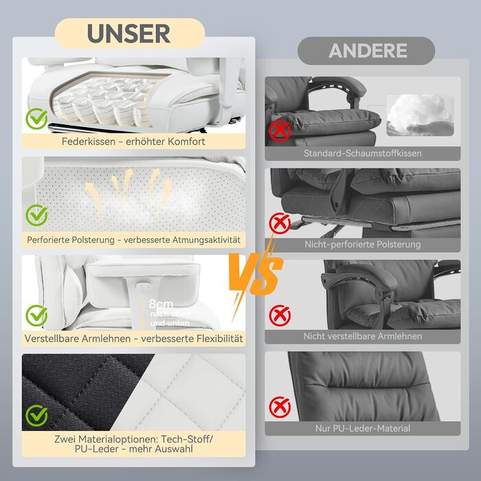 Ігровий крісло Dowinx, ергономічний офісний крісло з кишеньковим пружинним подушками, крісло для начальника з двошаровою м'якою спинкою та регульованою поперековою подушкою, підлокітниками та підставкою для ніг, комп'ютерне крісло (PU, білий) білий PU