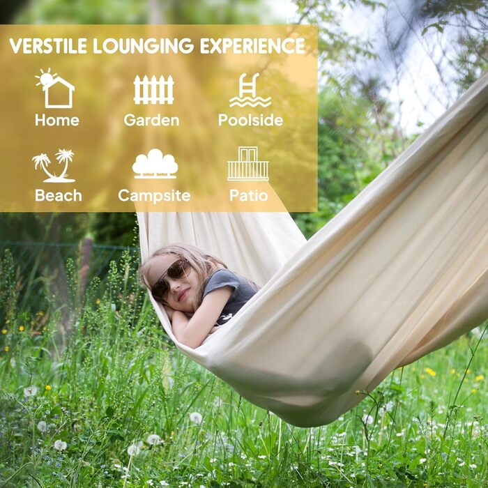 Гаммак Anyoo для відпочинку на природі: зручна бавовняна гамак з ременями для підвішування на дерева, міцна та портативна, з сумкою для перенесення. Ідеально підходить для саду, балкону, тераси, кемпінгу. Колір: бежевий.
