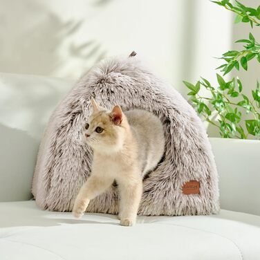 Cat Cave Cat Bed Cat House Cozy Cave 40x40cm Foldable Washable Comfortable Cat Sleeping Place for Cats Kittens Puppies with Removable Cat Head Pillow Beige (Coffee Brown-L)