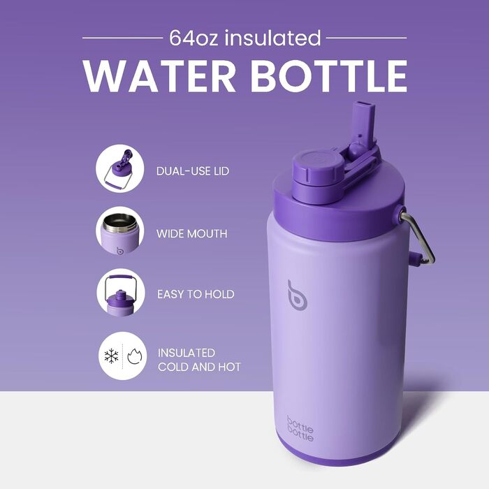 BOTTLE BOTTLE Insulated Stainless Steel Water Bottle 64oz (1.8L) with Straw, Lid, Handle & Pill Compartment – BPA-free, Leak-proof, Ideal Drinking Bottle for Sports, Fitness, Hiking & Outings (Violet)