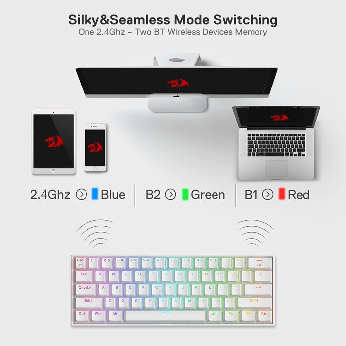 Redragon K530 Pro Draconic - Механічна ігрова клавіатура 60% з RGB підсвічуванням та Tactile brown перемикачами (61 клавіша, Hot-Swap, Bluetooth/USB, Windows/Mac/Android)
