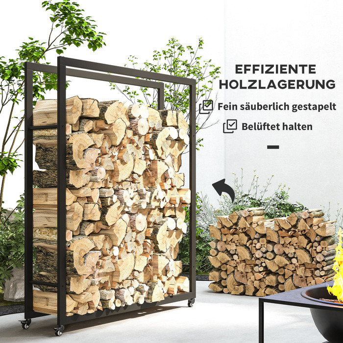 Сховище для дров Outsunny 120 x 32 x 151 см з колесами, металева полиця для дров, чорного кольору | Aosom