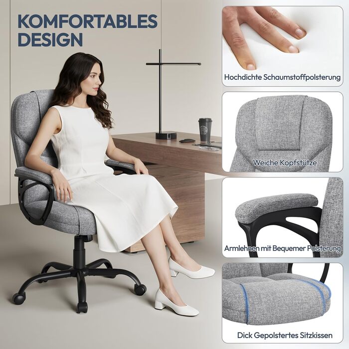 Офісне крісло Yaheetech для офісу та дому: ергономічний, з високою спинкою, регульований, комфортний, з м'яким наповнювачем, функція гойдання (сірий, поліестер)