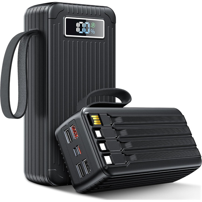 Power Bank 60000 mAh з PD 45W, 6 портів (4 USB-A, 2 Type-C), LED дисплей, вбудовані кабелі, чорний