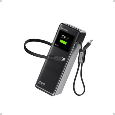 Потужний павербанк SHARGE HyperTower 170W 25000mAh з TFT-дисплеєм, 4 портами (3x USB-C, 1x USB-A) та вбудованими кабелями для MacBook Pro та ноутбуків, чорний