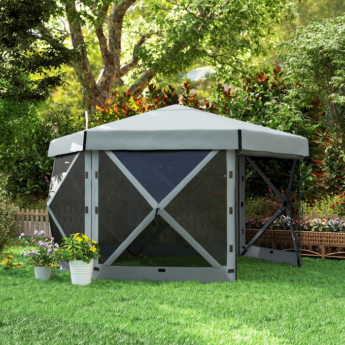 Outsunny Hexagonal Gazebo Approx. 3.6x3m Waterproof Pop-up Folding Gazebo with 5 Side Panels, Bag, Folding Party Tent, UV 30+, Winterproof Garden Tent, Garden Gazebo for Camping, Garden, Festival, Light Grey | Aosom