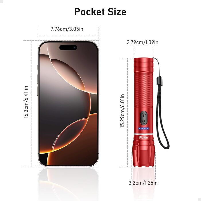 LED ліхтарик Blukar з регулюванням температури світла, 2000 люмен, зум, 10 режимів, вологостійкий, для кемпінгу та активного відпочинку (червоний)
