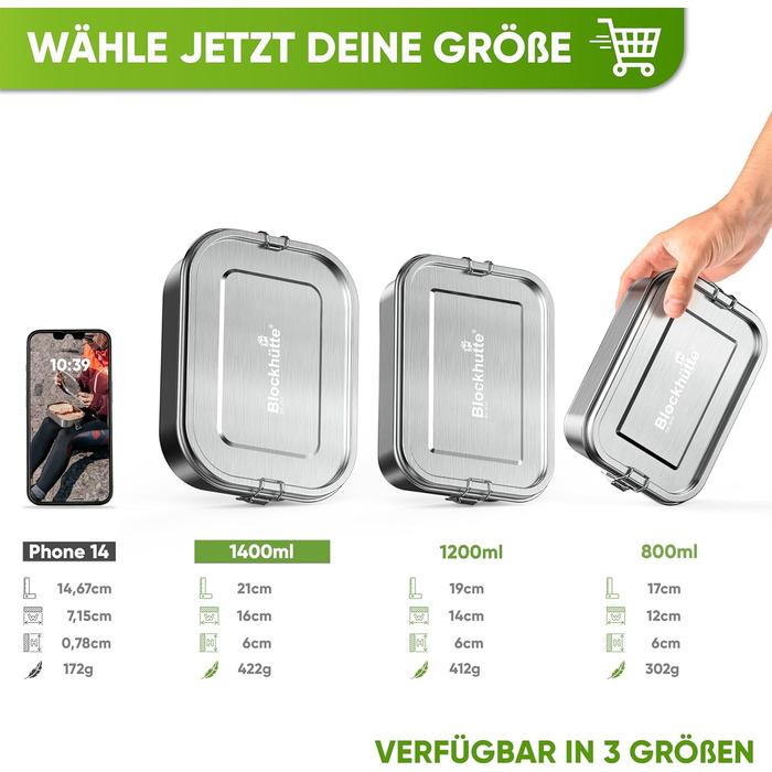 Premium Stainless Steel Lunch Box I 1400ml I Includes Replacement Seal and 2 Dividers I The improved lunch box is leak-proof and very easy to clean I For children and adults