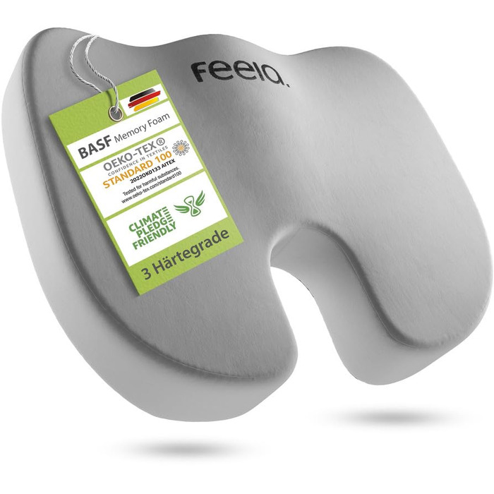 Подушка ортопедична для автосидіння Feela® (Medium) - підтримка спини та куприка, 3 ступені жорсткості (80-110 кг), срібляста