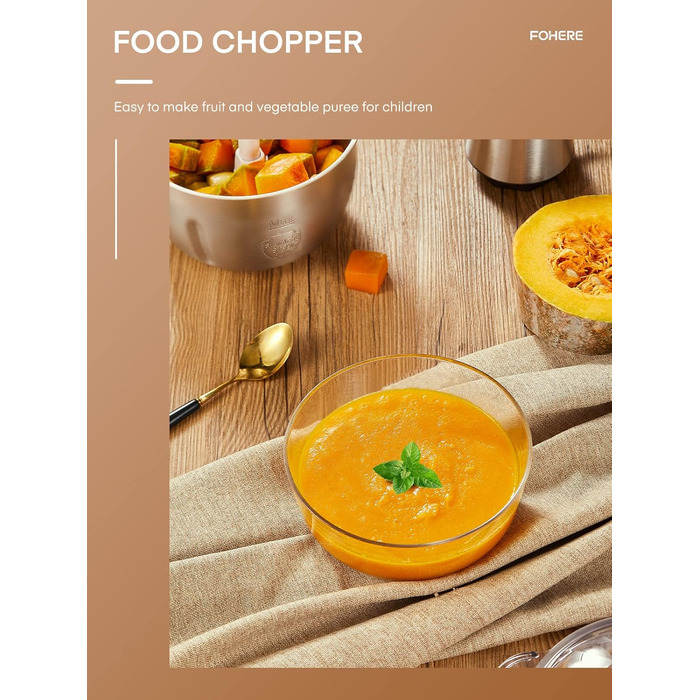 Електричний подрібнювач FOHERE для кухні, 350W, з чашею 2.5л з нержавіючої сталі та 2 швидкостями, 4 леза з нержавіючої сталі для м'яса, цибулі та овочів