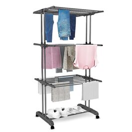 Воніа - багаторівнева сушилка для білизни на колесах, білий металевий стійка, 3 яруси, 6 відкидних крил, 72 x 50 x 172 см, економна, мобільна та стабільна для внутрішнього та зовнішнього використання