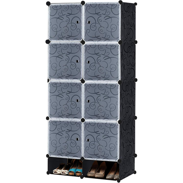 UISEBRT DIY Plastic Wardrobe System - Plug-in Shelf Wardrobe, Coat Rack Wardrobe, Shoe Rack, Plastic Boxes, Black with Pattern (8 Boxes with Door and Shoe Cabinet)