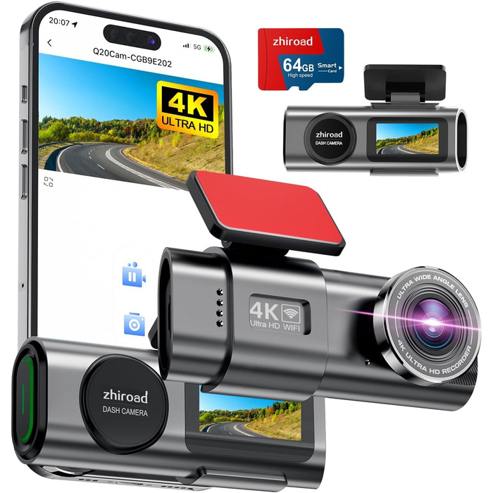 Відеореєстратор 4K WiFi з App-керуванням, 64GB SD-карта, кріплення, IPS 1.47', 170° кут огляду, Нічне бачення, WDR, G-сенсор, циклічна запис, 24/7 паркувальний режим