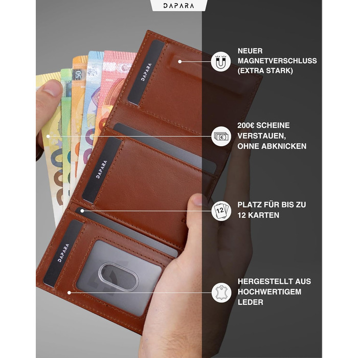 Чоловічий шкіряний гаманець Leder: тонкий, з відділенням для монет та RFID-захистом, вміщує 12 карт, колір коньяк