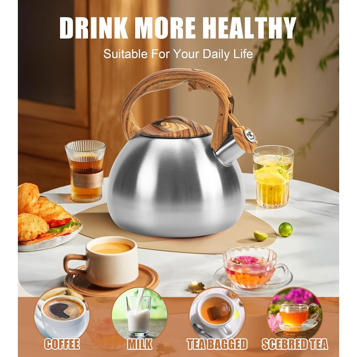 Чайник-свисток Foedo з нержавіючої сталі з дерев'яною обробкою, 3.2 л, для чаю, води, кави та молока, класичний дизайн, червоний (срібний)