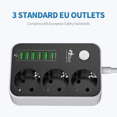 Багаторозкладна мережева панель HULKER з 3 розетками та 6 USB-портами, захист від перенапруги, 1.6 м, універсальна