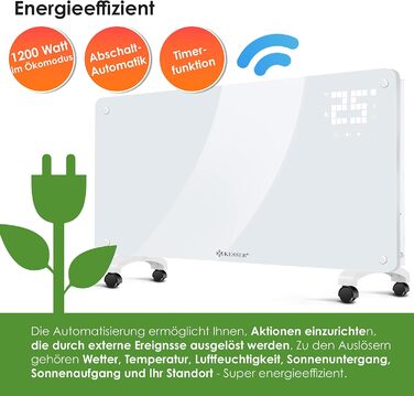 Електричний конвектор KESSER® з Wi-Fi керуванням та пультом дистанційного керування | 2500 Вт | Скло | Настінний/Підлоговий | LCD-дисплей, таймер, сенсорне управління