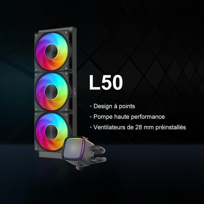 SAMA L50 AIO: Система водяного охолодження CPU з радіатором 360 мм, RGB-помпа з матричним дисплеєм, 3 вентилятори 120 мм, сумісна з Intel та AMD