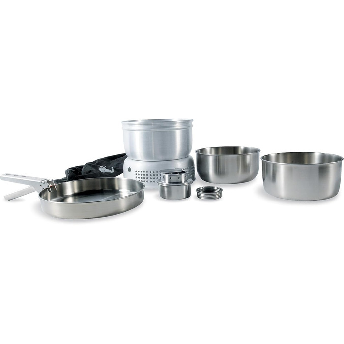 Набір для кемпінгу Tatonka Multi Set + Spiritus Burner (8 предметів) - кухонне приладдя з нержавіючої сталі з пальниковим пальником (сковорода, 2 казани, затискний тримач, вітрозахист, рамка для приготування їжі та пальник)