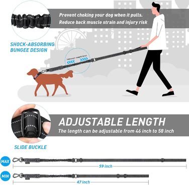 Тактична повідок для собак великих порід MegiaExist з контролем, авто-ремнем безпеки та світловідбиваючими нитками, 1.2 м, 1.8 м, повідка-телескопічна для тренувань, чорний