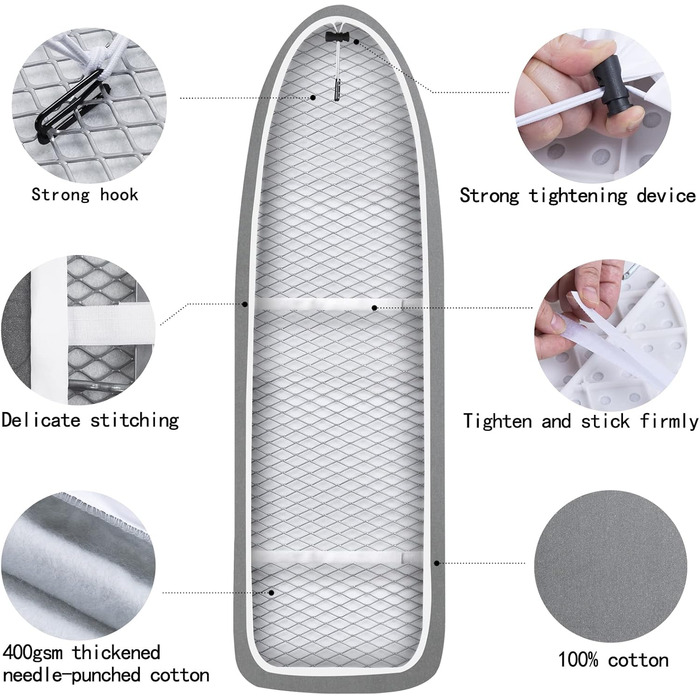 Чохол для гладильної дошки, 140 x 50 см, великий, з бавовни 100%, товстий, антиковзкий, сірий, XXL