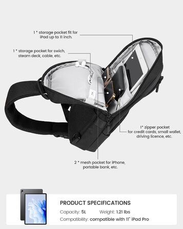 Чоловіча та жіноча сумка через плече Soulgo EDC, компактна, водонепроникна, для планшету 11 дюймів (iPad), чорна