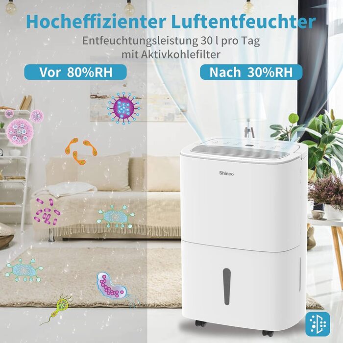 SHINCO 30L Електричний осушувач повітря з Wi-Fi, 105 м³, 5L бак, таймер, фільтр, безперервний злив (SDZ1-30D-M)