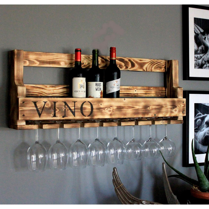Wooden Wall-Mounted Wine Rack - with Glass Holder and VINO Signage - Charred - Ready to Assemble - Shelf for Wine Bottles and Glasses