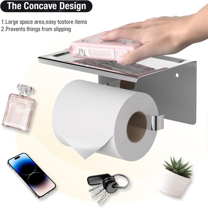 Тримач туалетного паперу HITSLAM без свердління, нержавіюча сталь з полицею, самоклеючий, для ванної кімнати