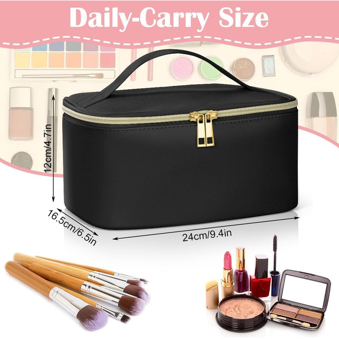 Велика косметичка для жінок, дорожня косметичка з відділеннями, шкіряна, чорна. Водостійка косметичка для макіяжу та аксесуарів.