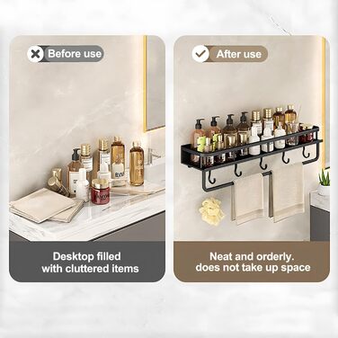 Поличка для душу Devesanter без свердління, 2 шт., 60 см, органайзер для шампуню та мила з тримачем для рушників та 6 гачками, для ванної кімнати, спальні, кухні, чорний