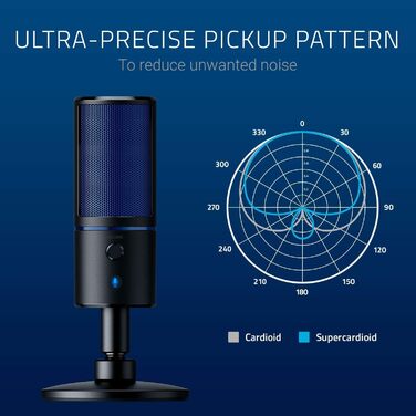 Razer Seiren X для PlayStation - USB конденсаторний мікрофон для стрімінгу PS4/PS5 (чорно-синій) з антивібраційним кріпленням та кнопкою вимкнення звуку