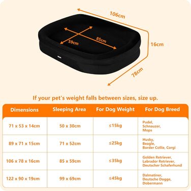 Ортопедичне ліжко для собак, ліжко-софа для собак, подушка з валиком по периметру, неслизьке дно, кошик для собак, знімне та пральне, для собак середніх та великих порід, 106 x 79 x 17 см, чорний