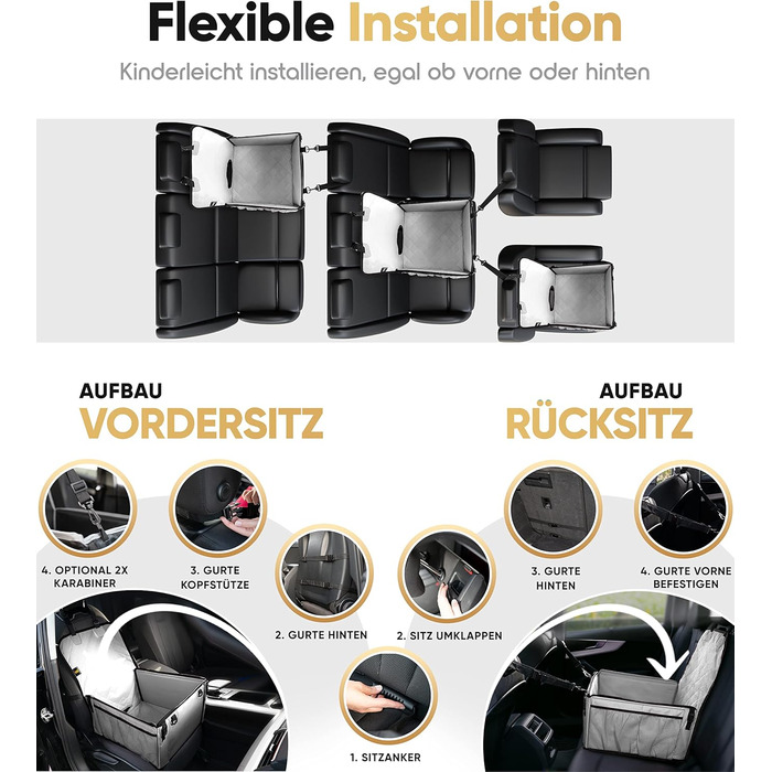 Extra Stable Dog Car Seat - Reinforced Walls & 5 Straps - Waterproof Dog Car Seat for Rear & Front Seat (Standard Size)
