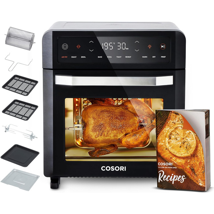 COSORI Air Fryer 12L, 11 Multifunctions, Dehydrating, Proofing Function, Dual Heating, Viewing Window, Airfryer XXL, Convection Oven, Mini Oven, Recipe Book, 7 Accessories, 220℃ Black+Silver Air Fry Oven