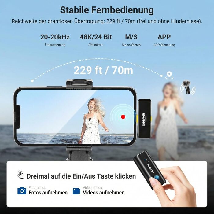 NEEWER Бездротовий петличний мікрофон KM23C: 48kHz/24Bit, 8 годин роботи, шумозаглушення, USB-C, сумісний з DJI, Insta360, iPhone, Android, PC